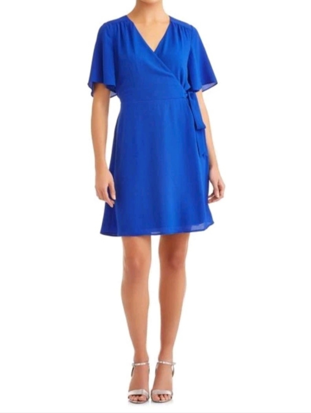 Time & Tru Blue Faux Wrap Dress Flutter Sleeves V-Neck Solid Lightweight